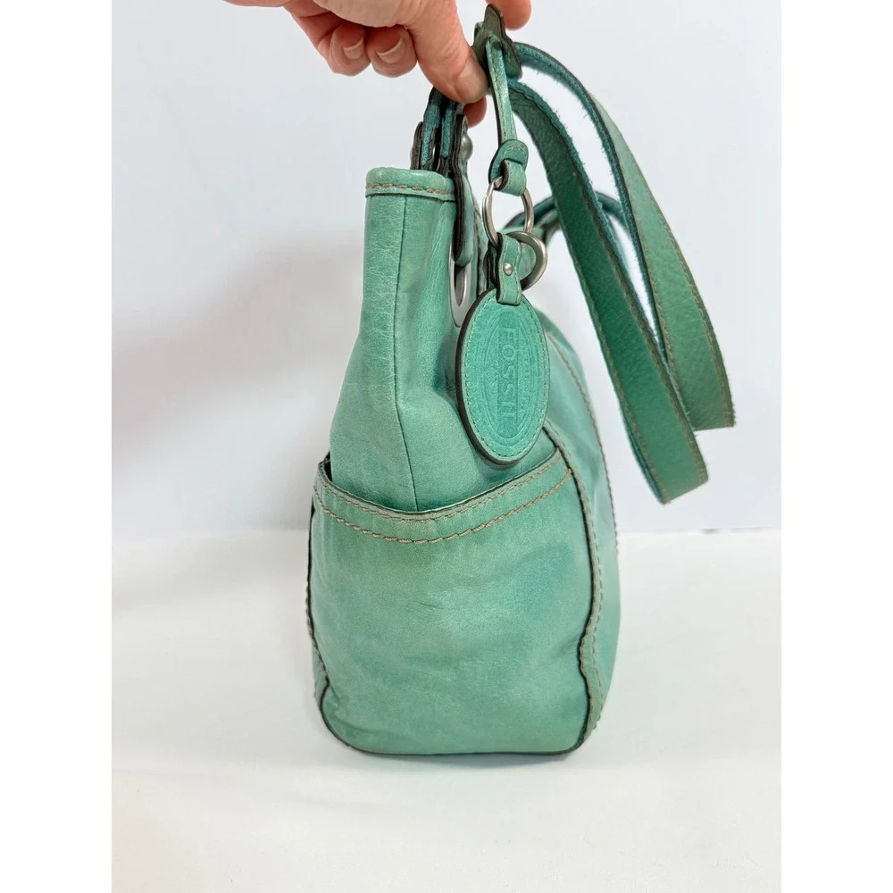 Fossil Teal Hathaway Leather Shoulder Bag Tote Key Charm ZB9385